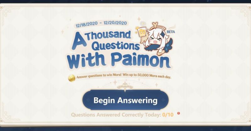 Quiz Answer for Paimon Event Called A Thousand Questions With Paimon