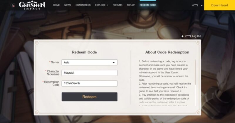 Redeem Code Genshin